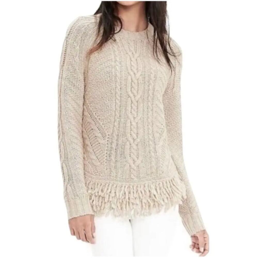 Banana Republic cable knit sweater women S white fringe cream merino wool alpaca